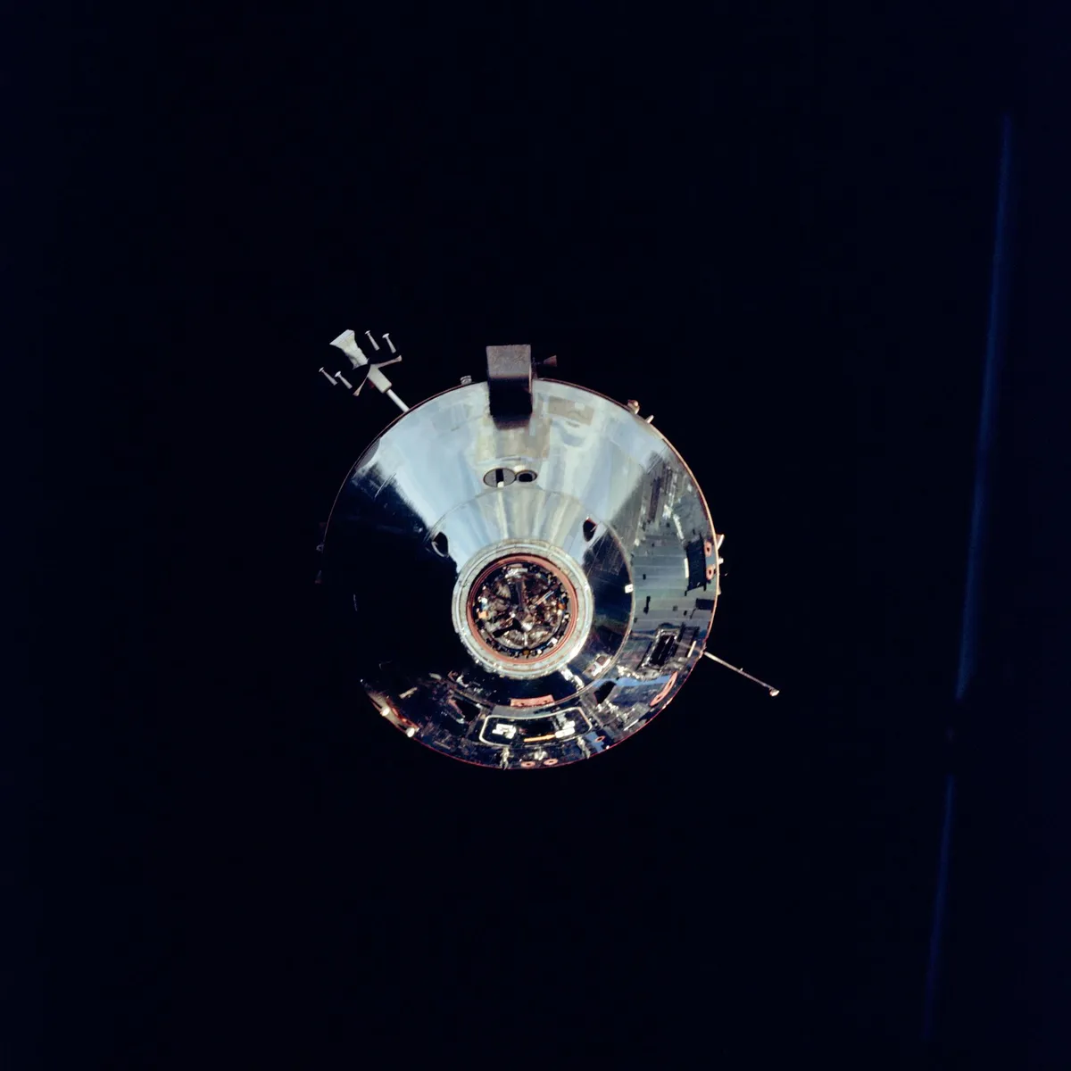 Apollo 9 Lunar Module,8 March 1969. During the fifth day of Apollo 9 Earth-orbital mission, the Command Module photographs the Lunar Module 