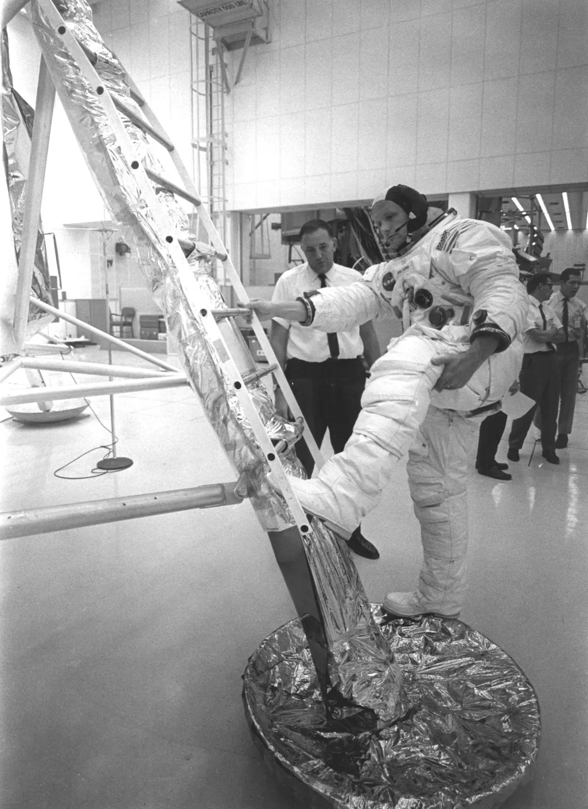No small step,9 July 1969. When planning to land on the Moon, NASA were not sure how deep the Moon dust would be. There was a possibility that when Neil Armstrong took his first step he might sink irretrievably. Training sessions prepared him for a big step back onto the Lunar Module ladder.Credit: NASA