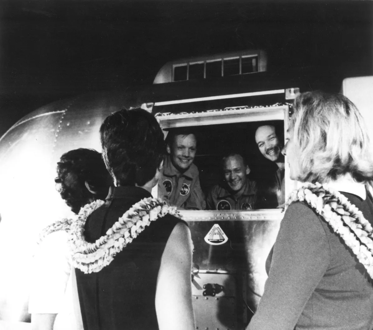 Long-awaited reception,27 July 1969.The Apollo 11 crew are greeted by their wives (L-R) Pat Collins, Jan Armstrong and Joan Aldrin, upon arrival at Ellington Air Force Base. The crew (L-R) Armstrong, Aldrin and Collins are still under their 21-day quarantine period.Credit: NASA