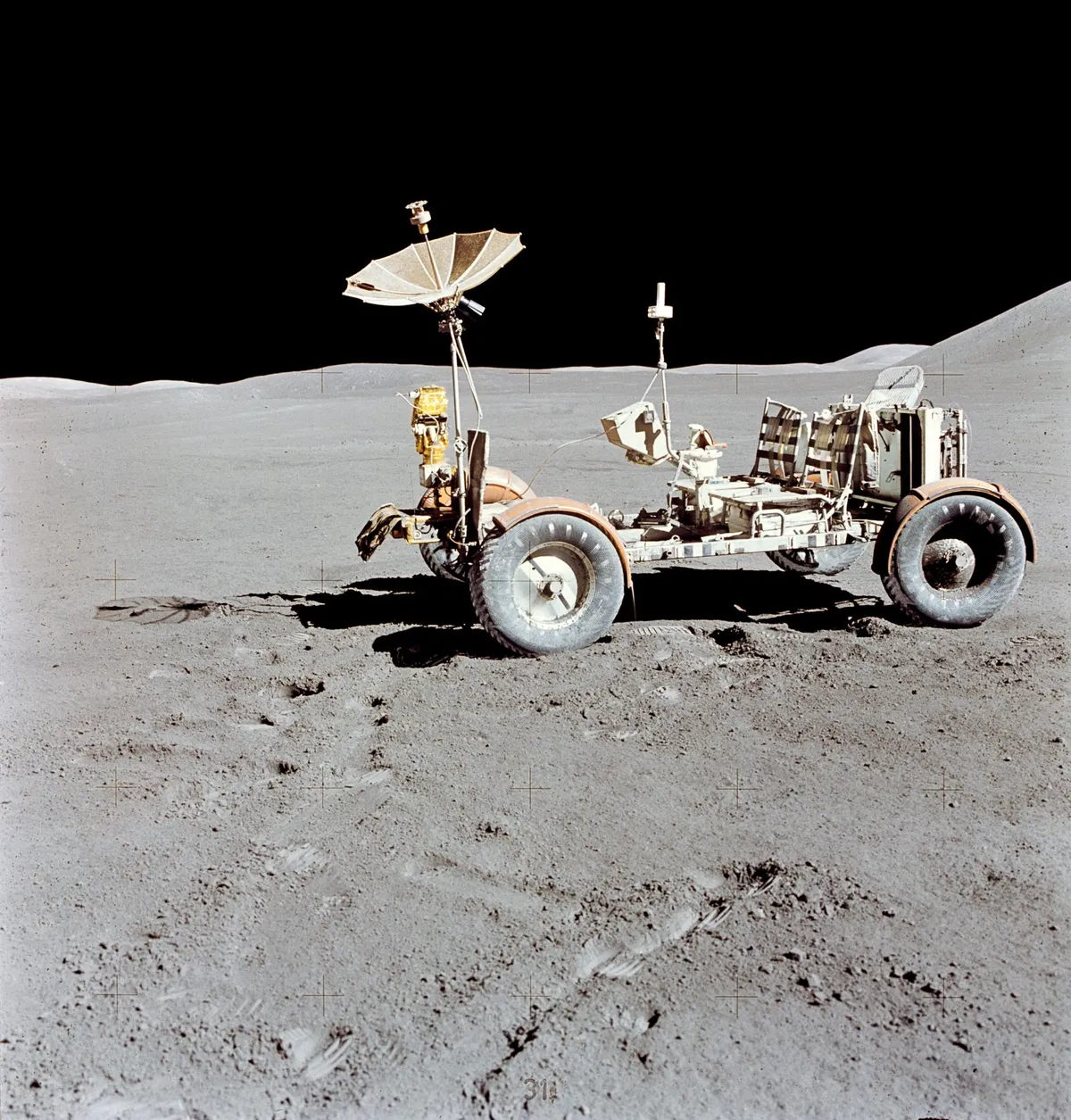 Lunar locomotion,1 August 1971.The Lunar Roving Vehicle photographed on the Moon during the third Apollo 15 lunar surface extravehicular activity at the Hadley-Apennine landing site.Credit: NASA