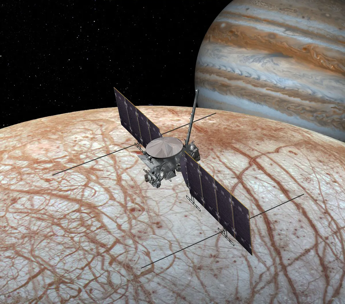 An artist's impression of the Europa Clipper exploring Jupiter's moon Europa. Credit: NASA/JPL-Caltech