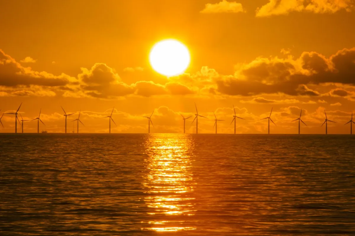 Sunset over the Walney offshore Wind farm. Credit: Ashley Cooper / Getty