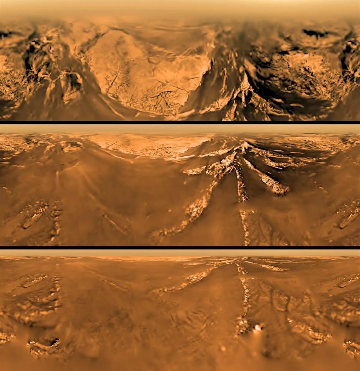 Views of Titan’s surface as seen by the Huygens lander during its descent onto the surface of the icy moon, 14 January 2005. Credit: ESA/NASA/JPL/University of Arizona