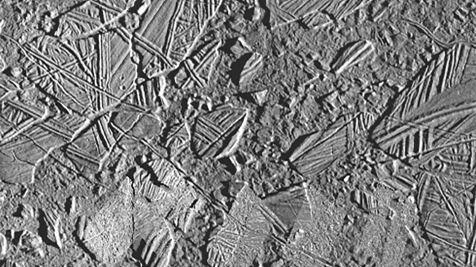 The icy, cracked surface of Jupiter's Europa. Image: NASA/JPL