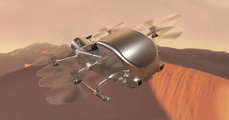 Artist’s concept of Dragonfly soaring over the dunes of Saturn’s moon Titan. NASA/Johns Hopkins APL/Steve Gribben