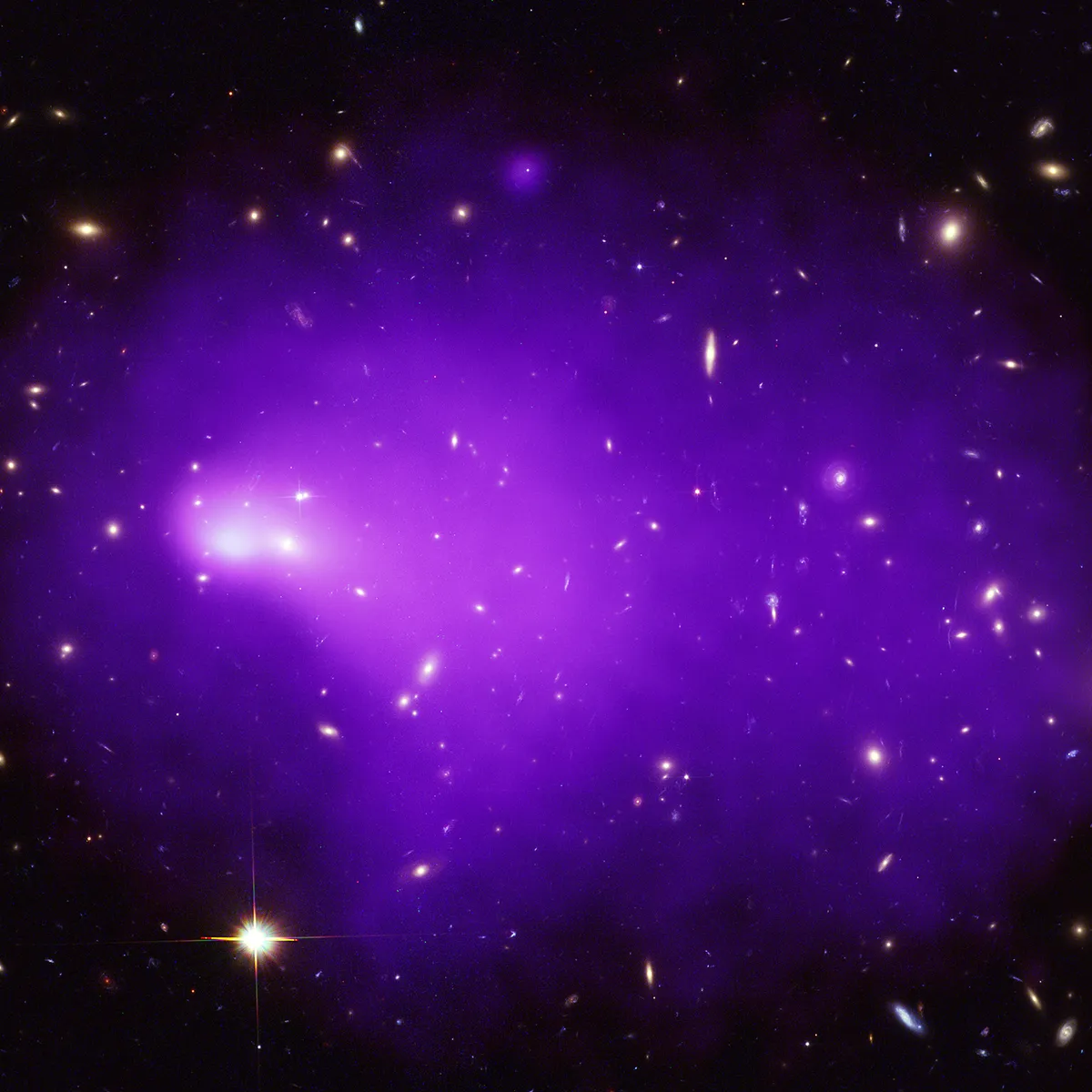 Abell 2146 This object is the result of a merger of two galaxy clusters. Galaxy clusters are the largest structures in the Universe held together by gravity, and it's thought that these objects grow so big through collisions. Credit: X-ray: NASA/CXC/Univ of Waterloo/H. Russell et al.; Optical: NASA/STScI