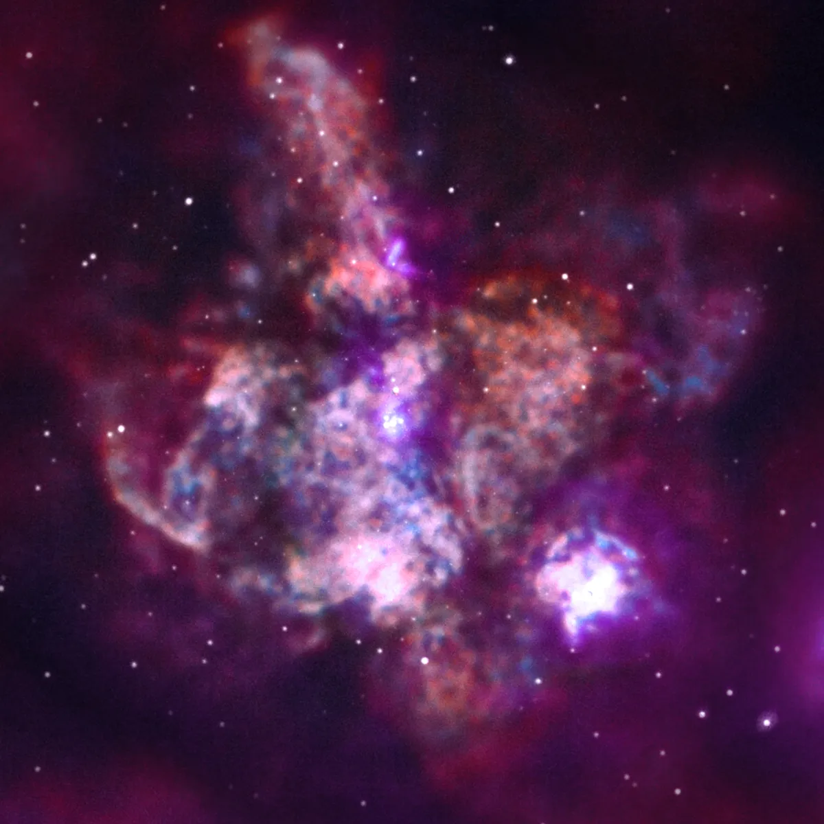 30 Doradus Also known as the Tarantula Nebula, this is one of the largest star-forming regions near the Milky Way. Chandra can observe gas that is being heated to millions of degrees by the streams of charged particles released by hot young stars, known as 'stellar winds'. Credit: NASA/CXC/Penn State Univ./L. Townsley et al.