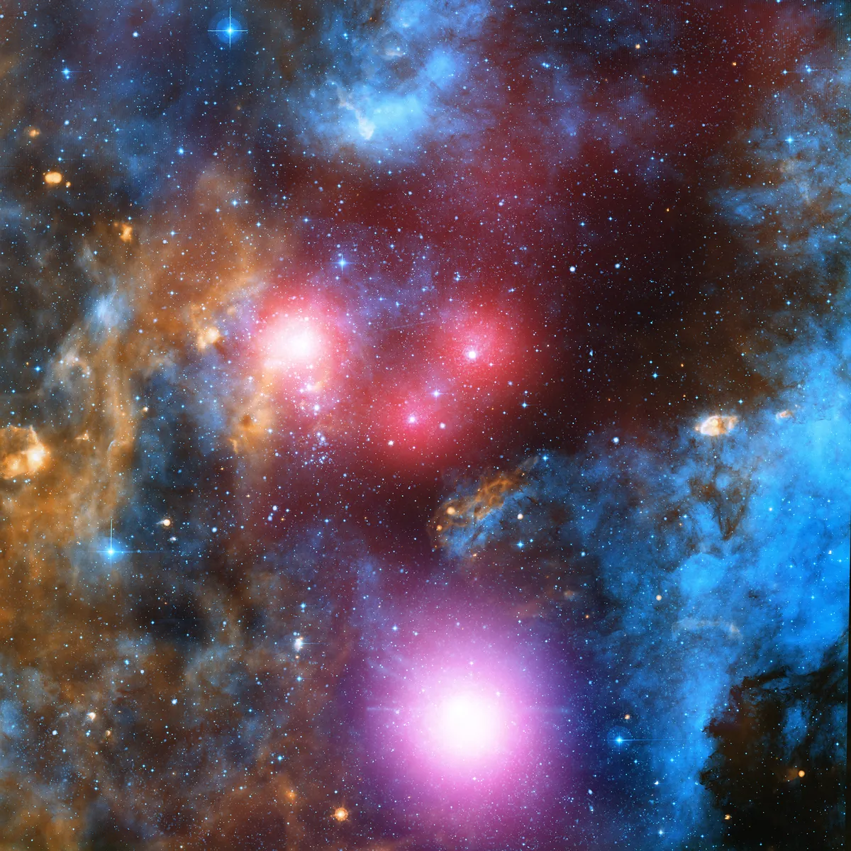 Cygnus OB2 This region contains massive stars - even more massive than our Sun - that shoot high-energy stellar winds into the surrounding area, hitting cosmic gas and dust and generating vast amounts of energy that Chandra can detect in X-ray. Credit: X-ray: NASA/CXC/SAO/J. Drake et al; Optical:Univ. of Hertfordshire/INT/IPHAS; Infrared: NASA/JPL-Caltech/Spitzer
