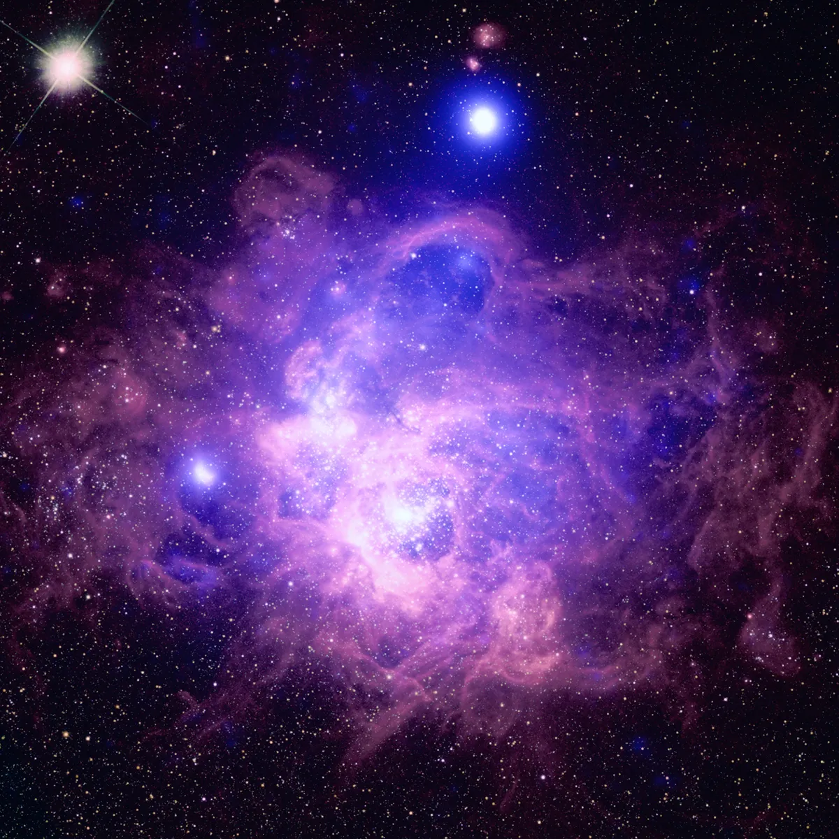 NGC 604 Star-forming region NGC 604 is contained within galaxy Messier 33. About 200 hot, young, massive stars live in this region. Credit: X-ray: NASA/CXC/Univ. of Arkansas/K. Garofali et al.; Optical: NASA/AURA/STScI/J. Schmidt