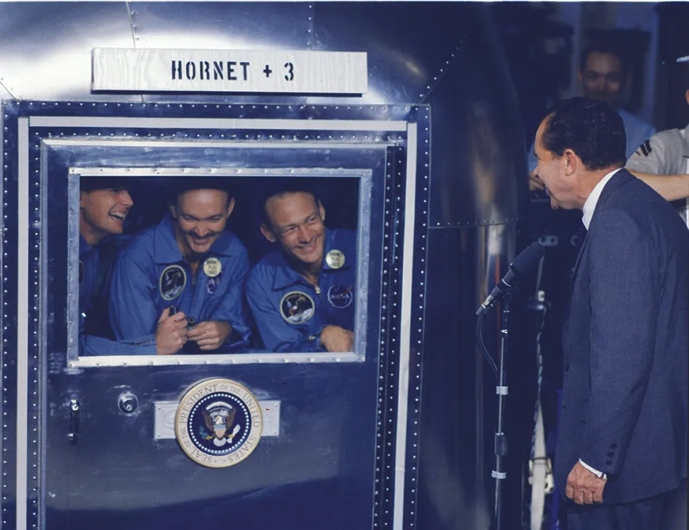 Such was the importance of Apollo 11’s safe return that President Nixon joined the USS Hornet in the middle of the Pacific Ocean to greet the astronauts, despite being unable to shake their hands. Credit: NASA