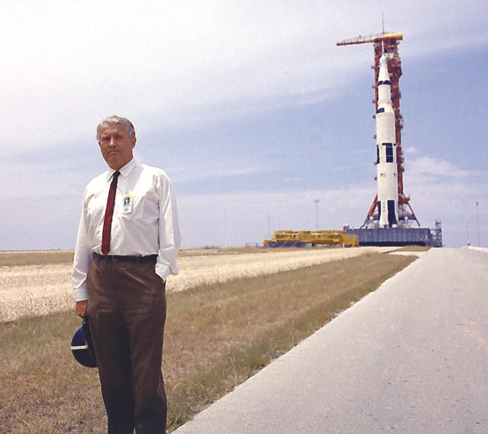 1 July 1969. Dr Wernher von Braun, chief architect of the Saturn V rocket, pauses in front of the 110m-tall superbooster, the tallest and most powerful vehicle ever launched into space, as it is readied for its historic mission on pad 39A at Kennedy Space Center. Credit: NASA