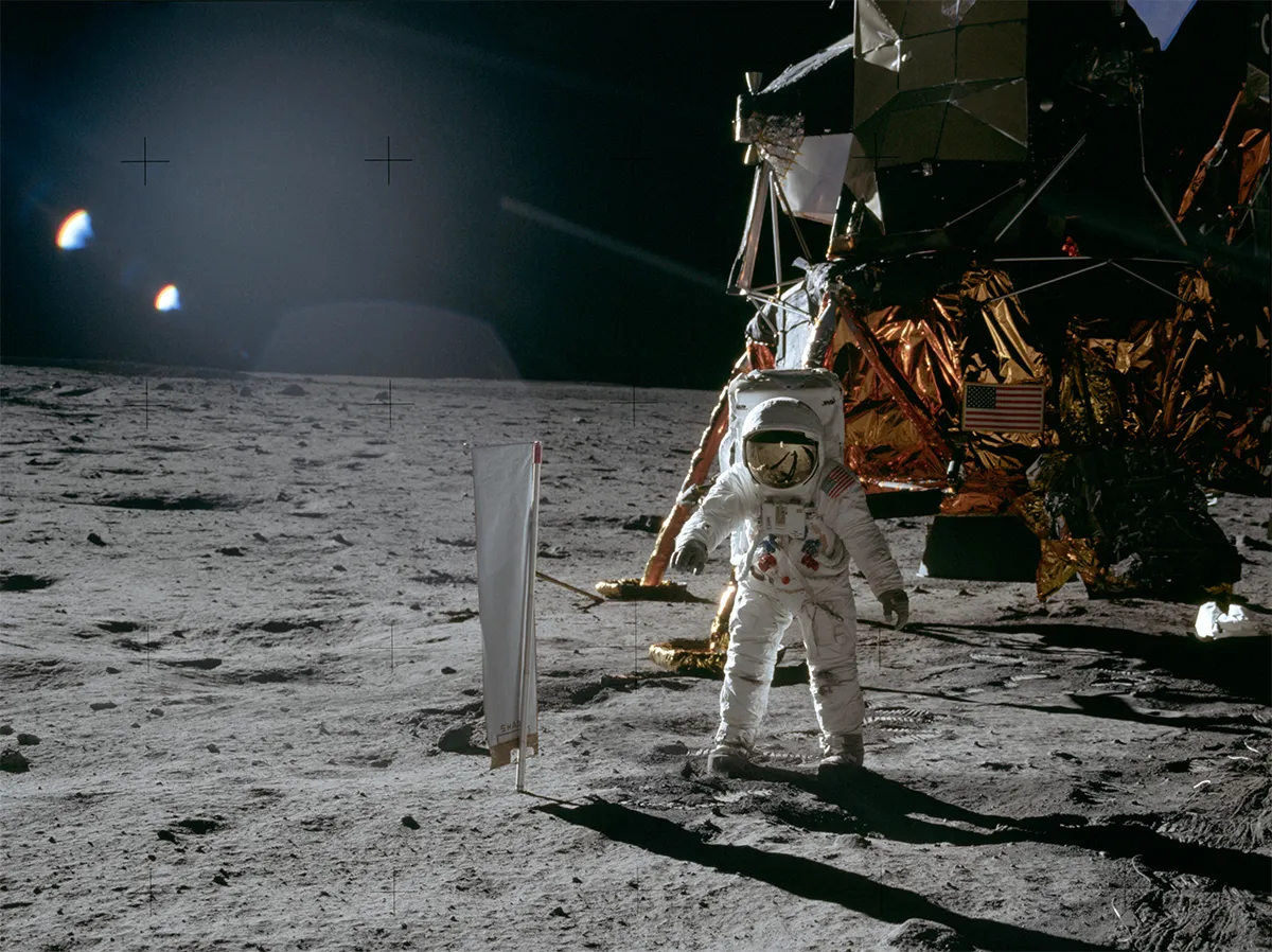 A lack of atmosphere on the Moon meant it was perfect for conducting solar experiments during the Apollo missions. Here, Buzz Aldrin sets uo the Solar Wind Composition Experiment during Apollo 11. Credit: NASA/Neil Armstrong
