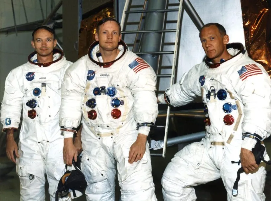 The Apollo 11 crew pictured in front of a Lunar Module mockup. Left to right are Michael Collins, Neil Armstrong and Edwin 'Buzz' Aldrin. Credit: NASA