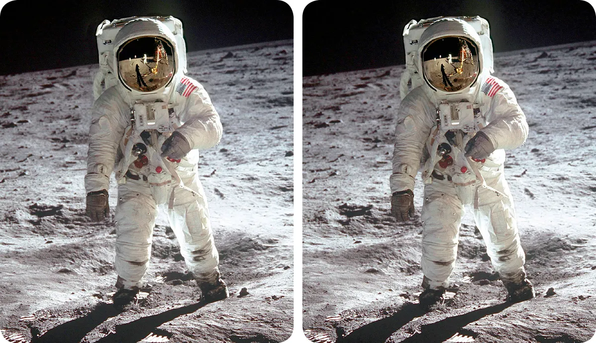 A stereo image of Buzz Aldrin on the Moon, taken from the Mission Moon 3D book