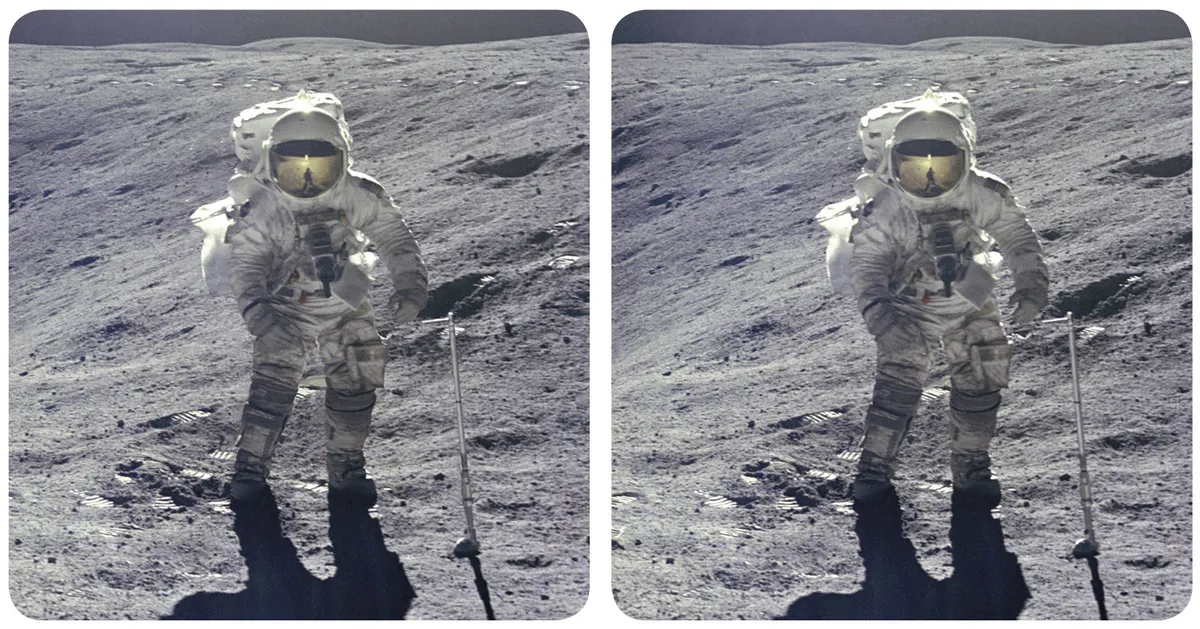 A stereo image of Apollo 16 Lunar Module pilot Charlie Duke on the Moon, as seen in the book Mission Moon 3D