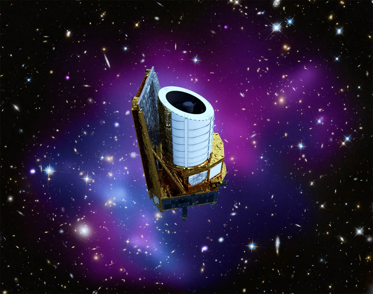 An artist's impression of the Euclid spacecraft in action. Credit: ESA/ATG medialab (spacecraft); NASA, ESA, CXC, C. Ma, H. Ebeling and E. Barrett (University of Hawaii/IfA), et al. and STScI (background)