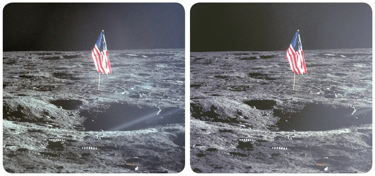 A stereo image of the first US flag on Moon, as seen in the Mission Moon 3D book