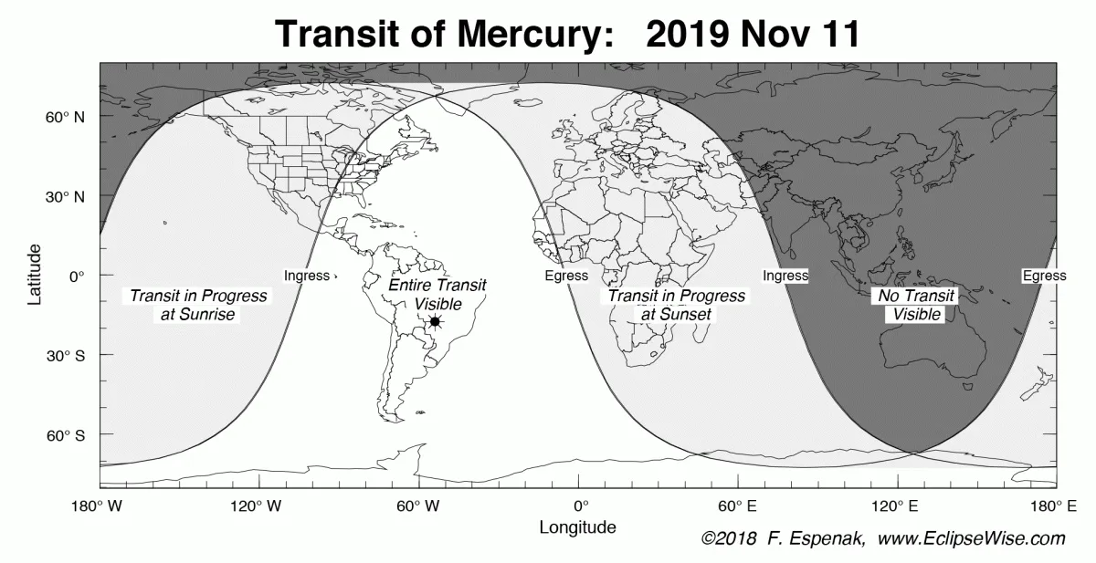 Global Visibility of the Transit of Mercury on 2019 Nov 11. Credit: Fred Espenek & www.eclipsewise.com