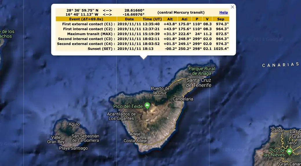 Mercury transit timings for the Canary Islands. Credit: Xavier Jubier /xjubier.free.fr/Google Maps
