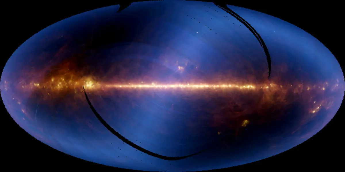This all-sky map in the infrared was composed using six months of data from the Infrared Astronomical Satellite. The bright horizontal line is the plane of the Milky Way, and the centre of the Milky Way is in the centre of the image. Copyright: NASA/JPL-Caltech