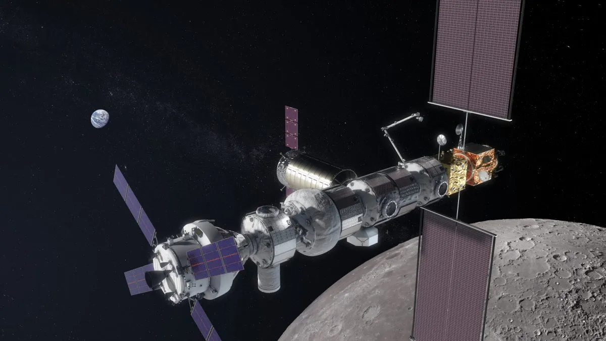 An artist's impression of the Lunar Orbital Platform – Gateway orbiting the Moon. Credit: NASA