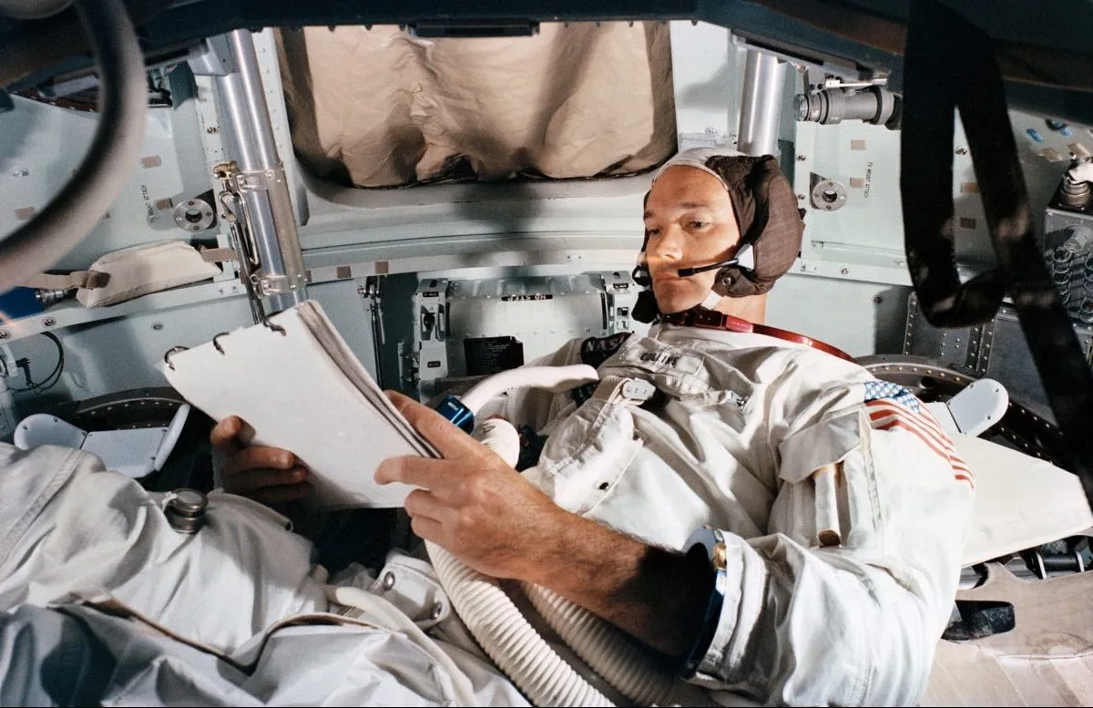 Command Module pilot Michael Collins pictured during an Apollo 11 rehearsal in the Command Module simulator, 19 June 1969, Kennedy Space Center. Credit: NASA