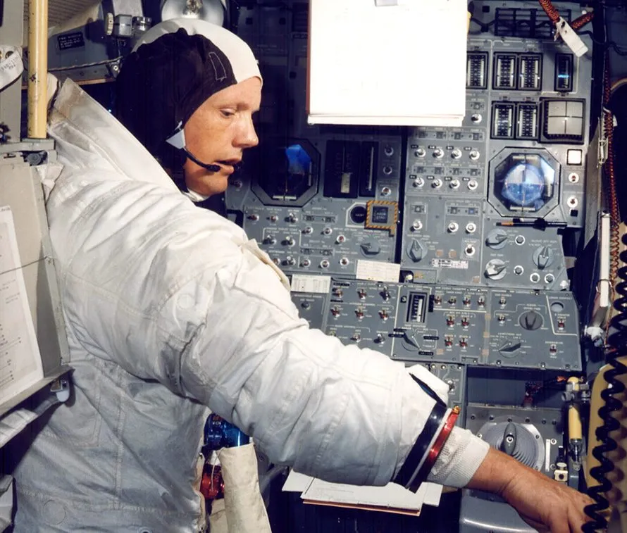 Neil Armstrong training with the Apollo Guidance Computer, which allowed him to land safely on the Moon. Credit: NASA