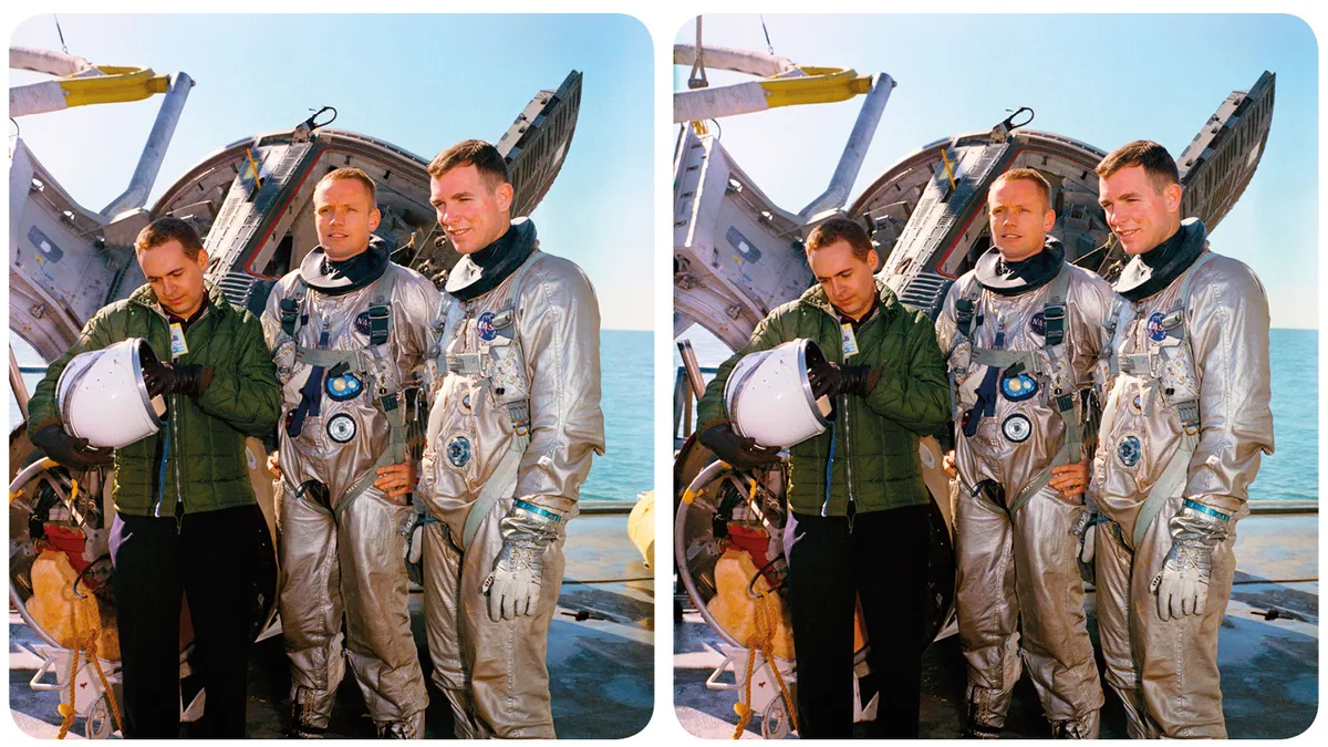 Gemini 8 Astronauts David Scott and Neil Armstrong during training. This stereo image is taken from the Mission Moon 3D book
