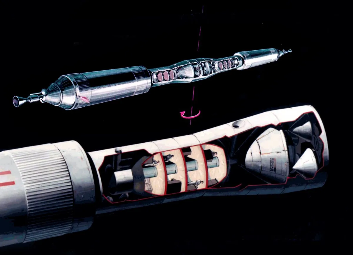 Once en route to Mars the two spacecraft would link up and spin, generating artificial gravity for the astronauts within them. Credit: Marshall Space Flight Center/NASA
