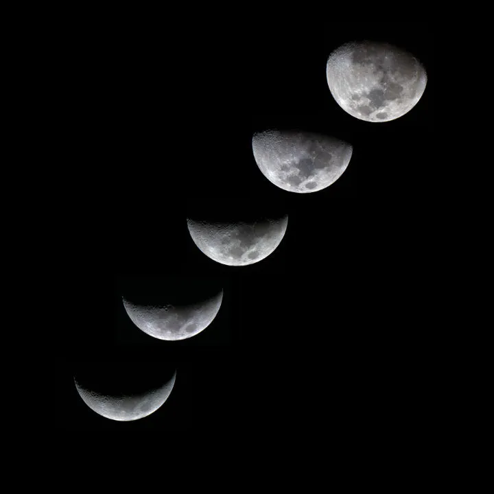 Moon phases in the southern hemisphere Luis Rojas M, Santiago, Chile, 13 October – 17 October 2018. Equipment: Canon EOS Rebel T6i, Explore Scientific 102mm ED refractor, iOptron iEQ30 Pro mount.