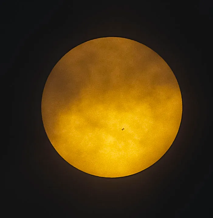 ISS Solar Transit Ian Smith, Whitminster, 29 April 2019. Equipment: ZWO ASI294MC Pro camera, Altair Wave Series 80mm triplet apo refractor, Sky-Watcher HEQ5 mount.