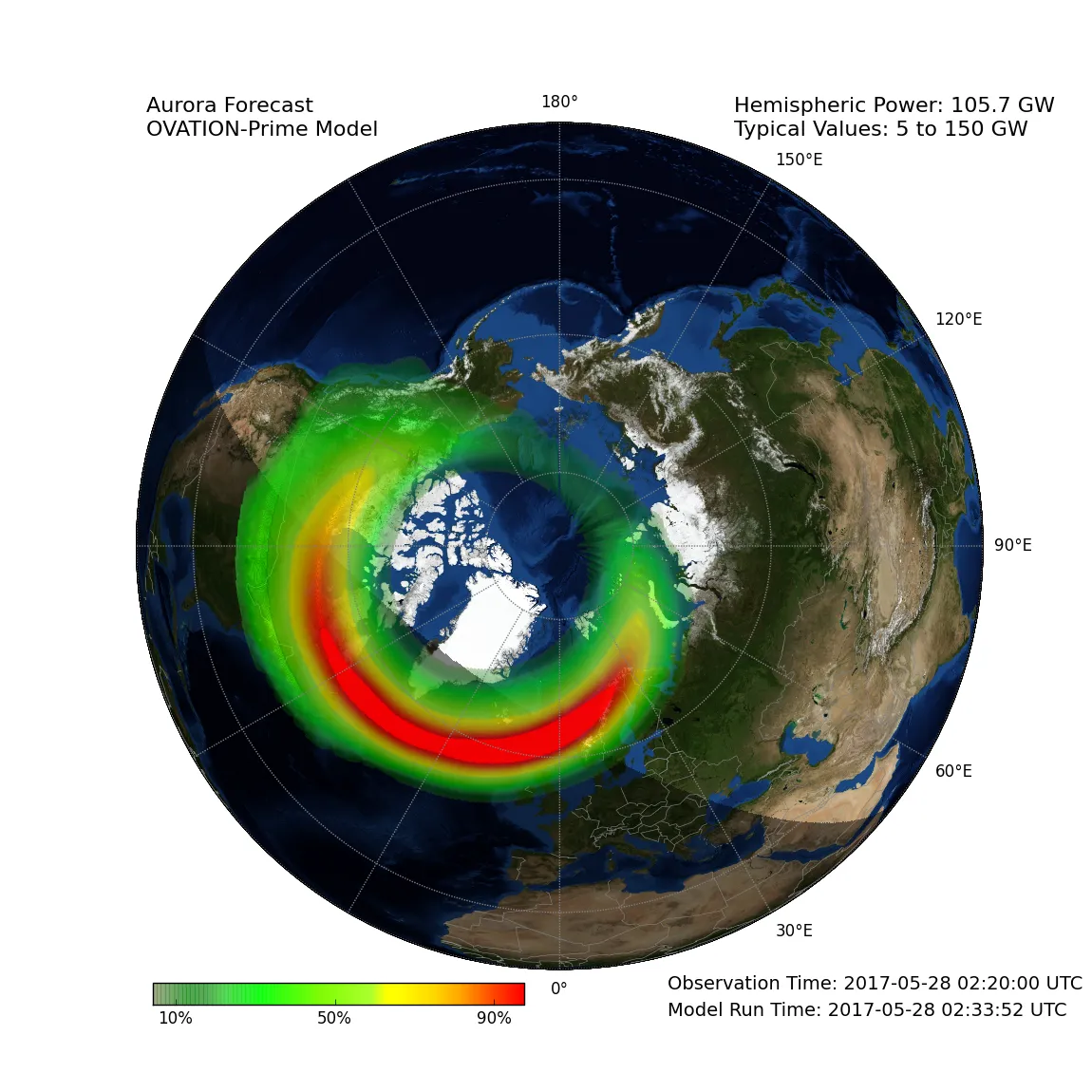 An Auroral Ovation Model created at the Met Office. This indicates the percentage probability of seeing the aurora. Credit: Met Office