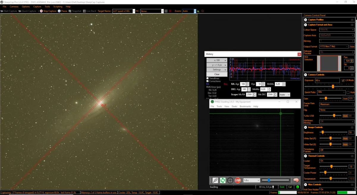 The SharpCap capture screen with PHD2 guiding – this is the setup we used to control the camera settings while imaging M31. Credit: Gary Palmer