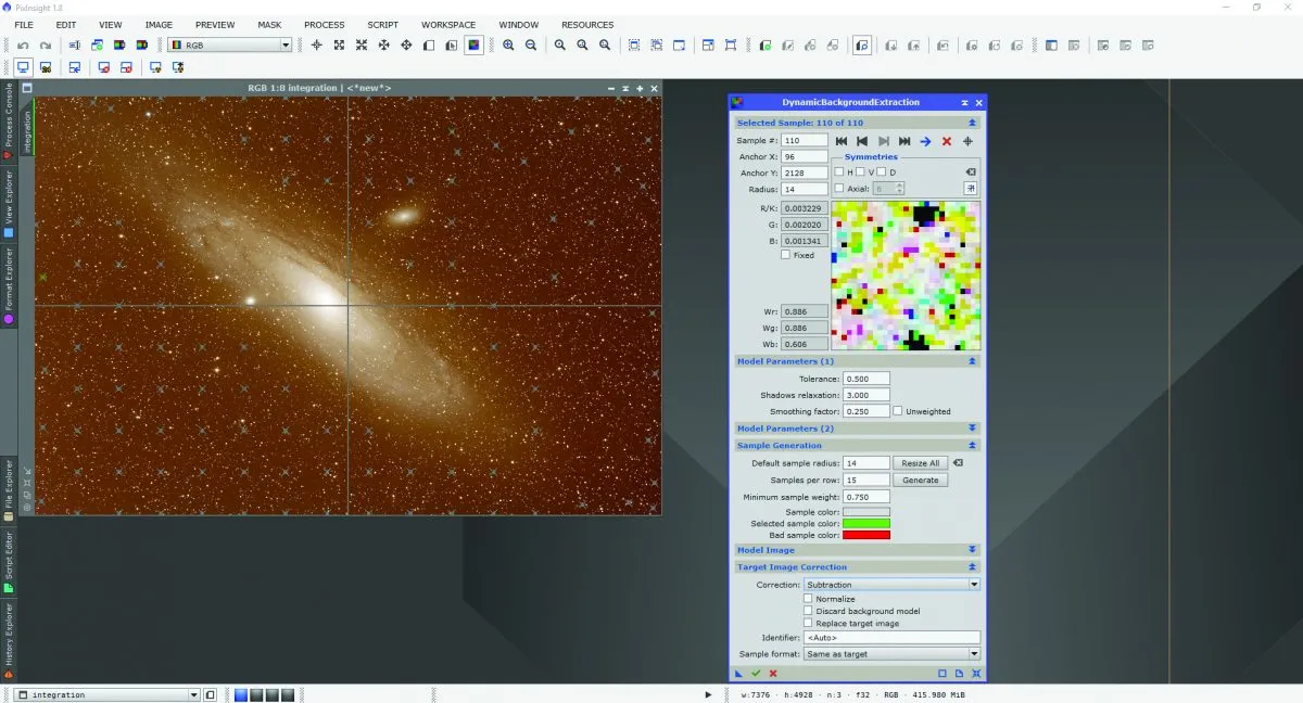 PixInsight’s DynamicBackgroundExtraction (DBE) is the point at which you remove light pollution and other unwanted background colour.