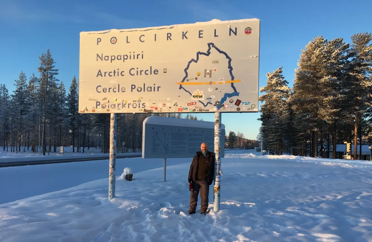 After a two-hour drive north of Luleå through reindeer country, we reach the Arctic Circle. Credit: Chris Bramley