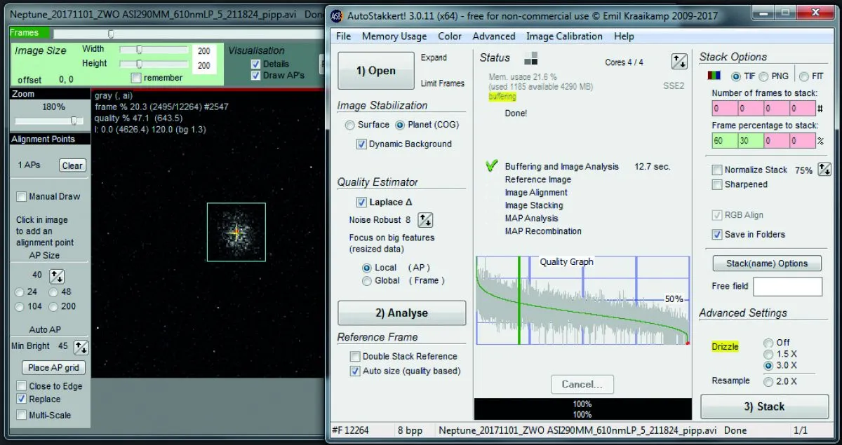 AutoStakkert! is processing the video to reduce it to a single stacked and aligned master frame. Here, Planet mode with noise robust set at eight gives a positionally stable image. Credit: Martin Lewis