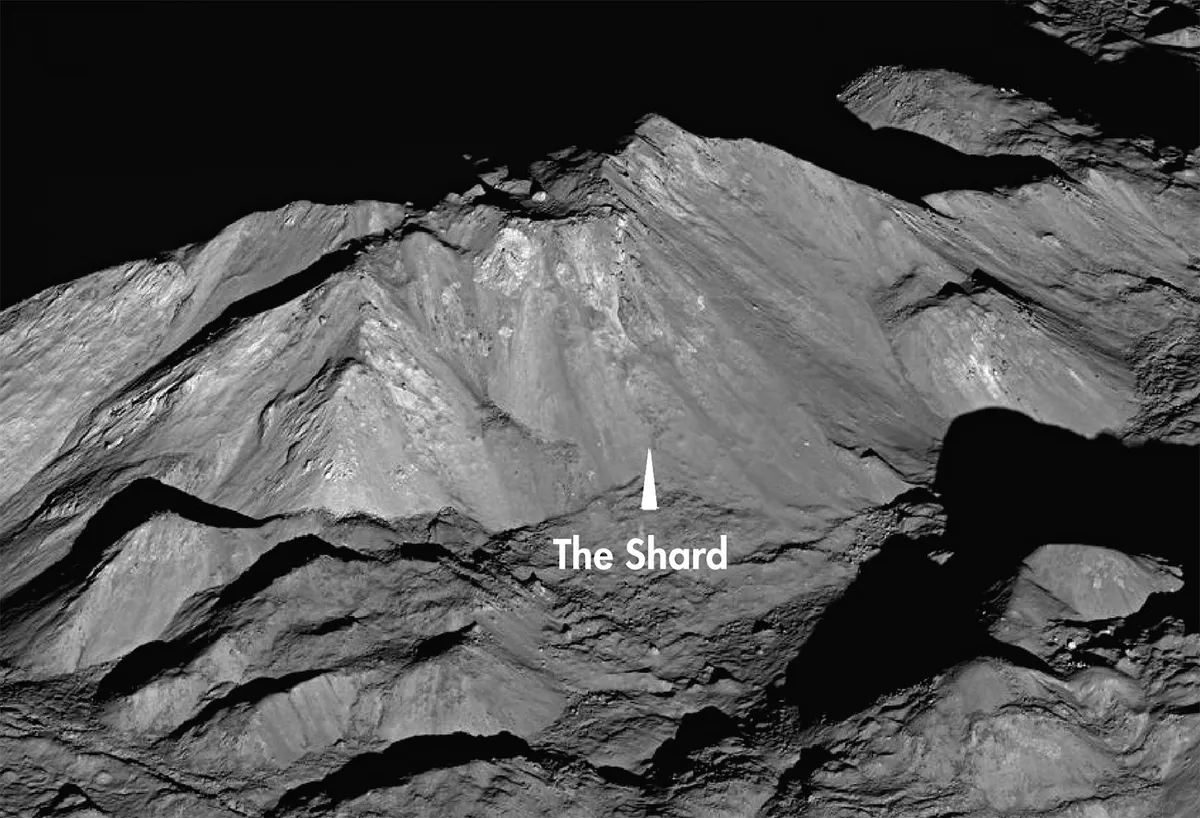 A comparison between crater Tycho and the Shard. Credit: NASA Goddard/Arizona State University