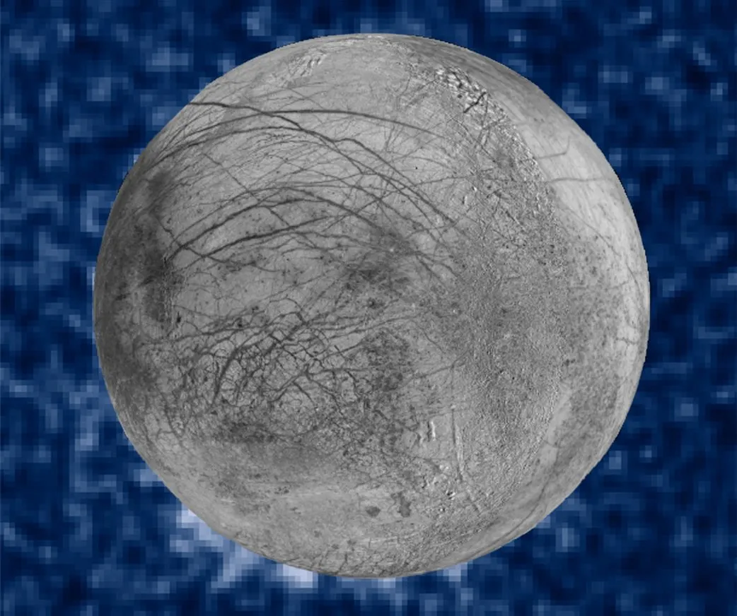 A Hubble Space Telescope image of Europa showing suspected plumes of water vapour erupting at the 7 o'clock mark. These plumes could be evidence of a subsurface ocean below Europa's icy crust. Credits: NASA/ESA/W. Sparks (STScI)/USGS Astrogeology Science Center