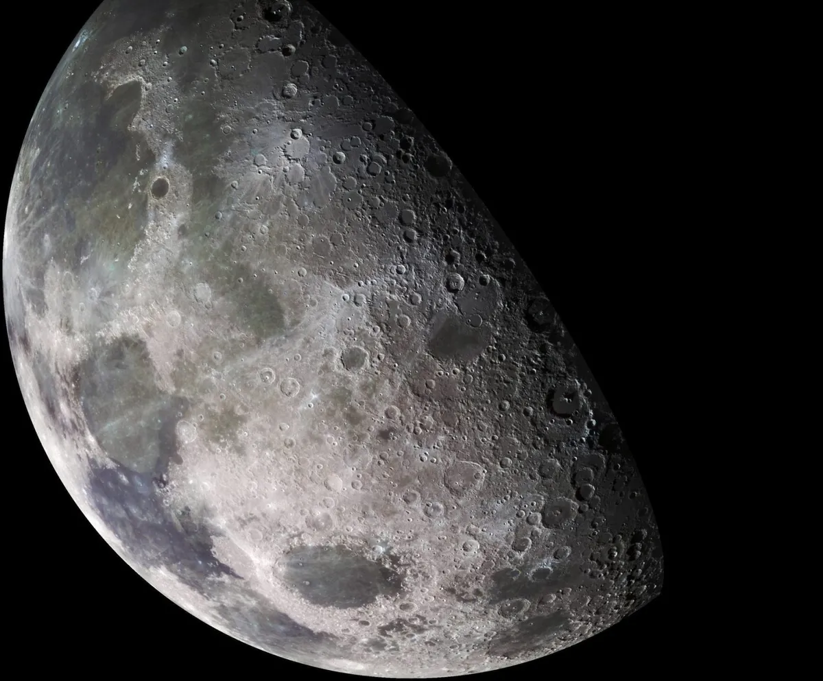 The Moon captured by the Galileo spacecraft. showing some of its best features. Upper left is Mare Imbrium; middle left is Mare Serenitatis; lower left is Mare Tranquillitatis, and the dark patch towards the bottom is Mare Crisium. Credit: Stocktrek Images