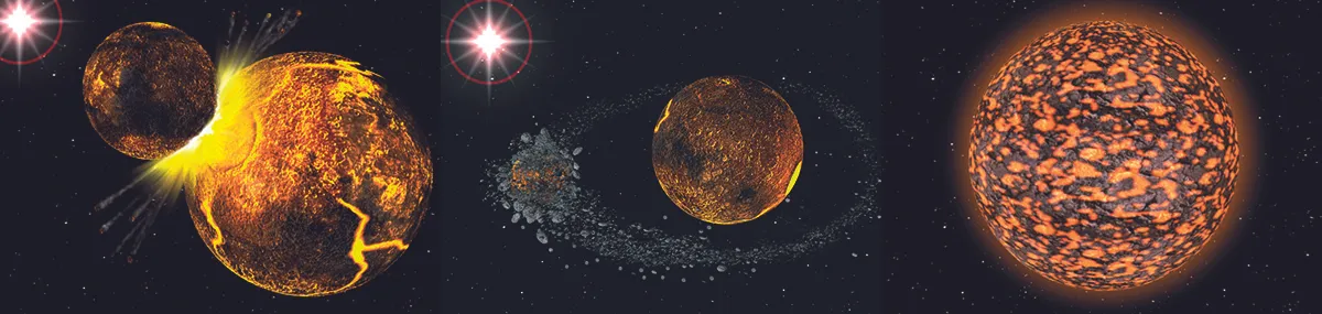 A diagram showing the formation of the Moon out of collision debris.