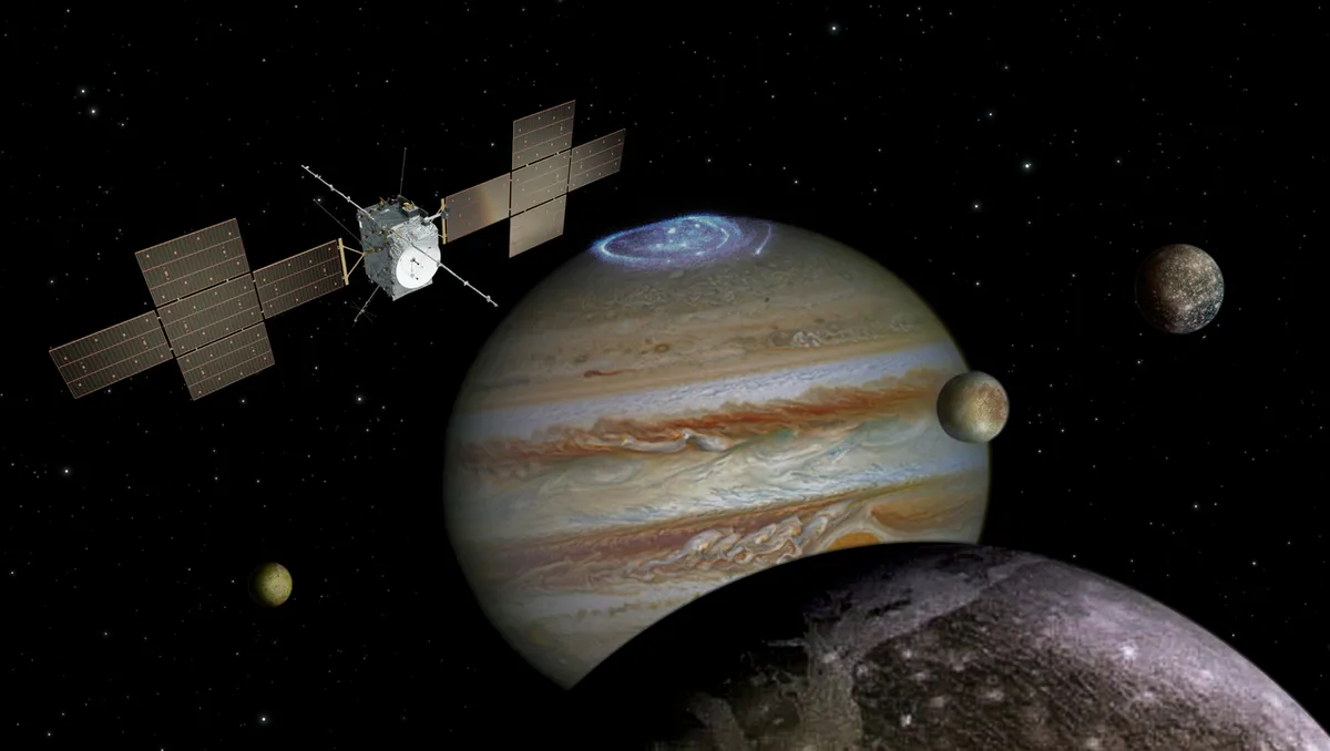 An artist's impression of the JUICE spacecraft exploring Jupiter. Credit: Spacecraft: ESA/ATG medialab; Jupiter: NASA/ESA/J. Nichols (University of Leicester); Ganymede: NASA/JPL; Io: NASA/JPL/University of Arizona; Callisto and Europa: NASA/JPL/DLR