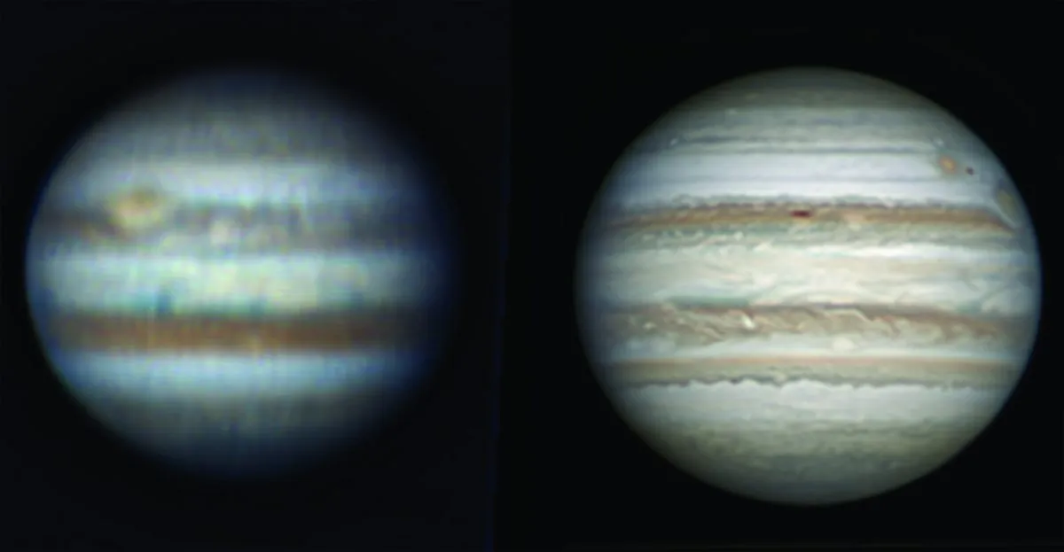 Left: Jupiter imaged with a 8.7-inch Dobsonian using the drift method. Right: Jupiter imaged with the same scope but mounted on a driven equatorial platform. Credit: Martin lewis