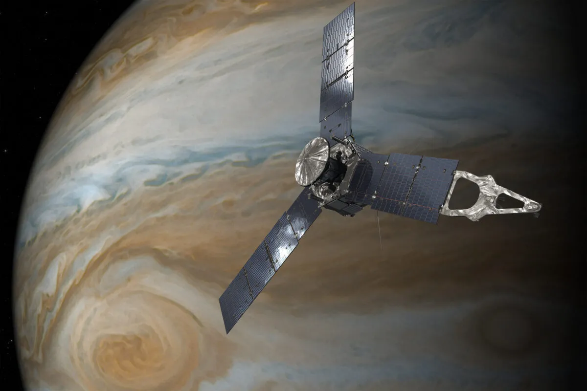 Facts about Jupiter:  An artist's depiction of the Juno spacecraft in orbit above Jupiter's Great Red Spot