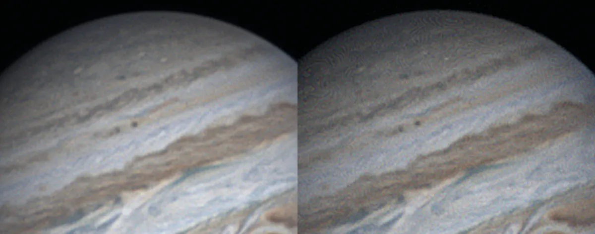 Left: Normal noise in 8-bit images leads to a 16-bit stacked image like this after processing in RegiStax to pull out detail. Right: Too little noise effectively leaves an 8-bit image after stacking with obvious errors on processing. Credit: Martin Lewis