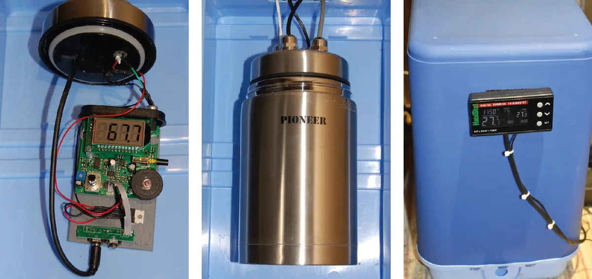 Þ Temperature stability is vital, hence the magnetometer (left) is housed in a vaccuum flask (centre), which is kept inside cool box (right). Credit: Stuart Green