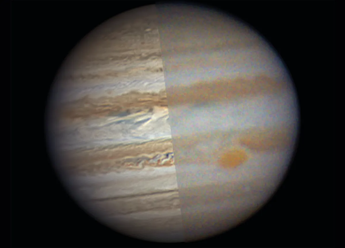 Fixing noise makes a monumental difference: on the right is the single best frame from a video of Jupiter, on the left the final edit. Credit: Martin Lewis