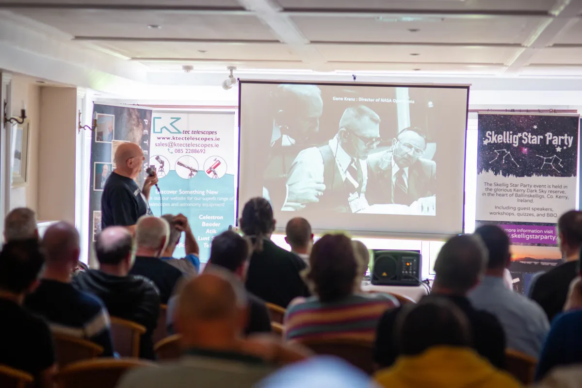 Pete Williamson during his talk on the Apollo missions at Skellig Star Party 2019. Credit: Roy Stewart