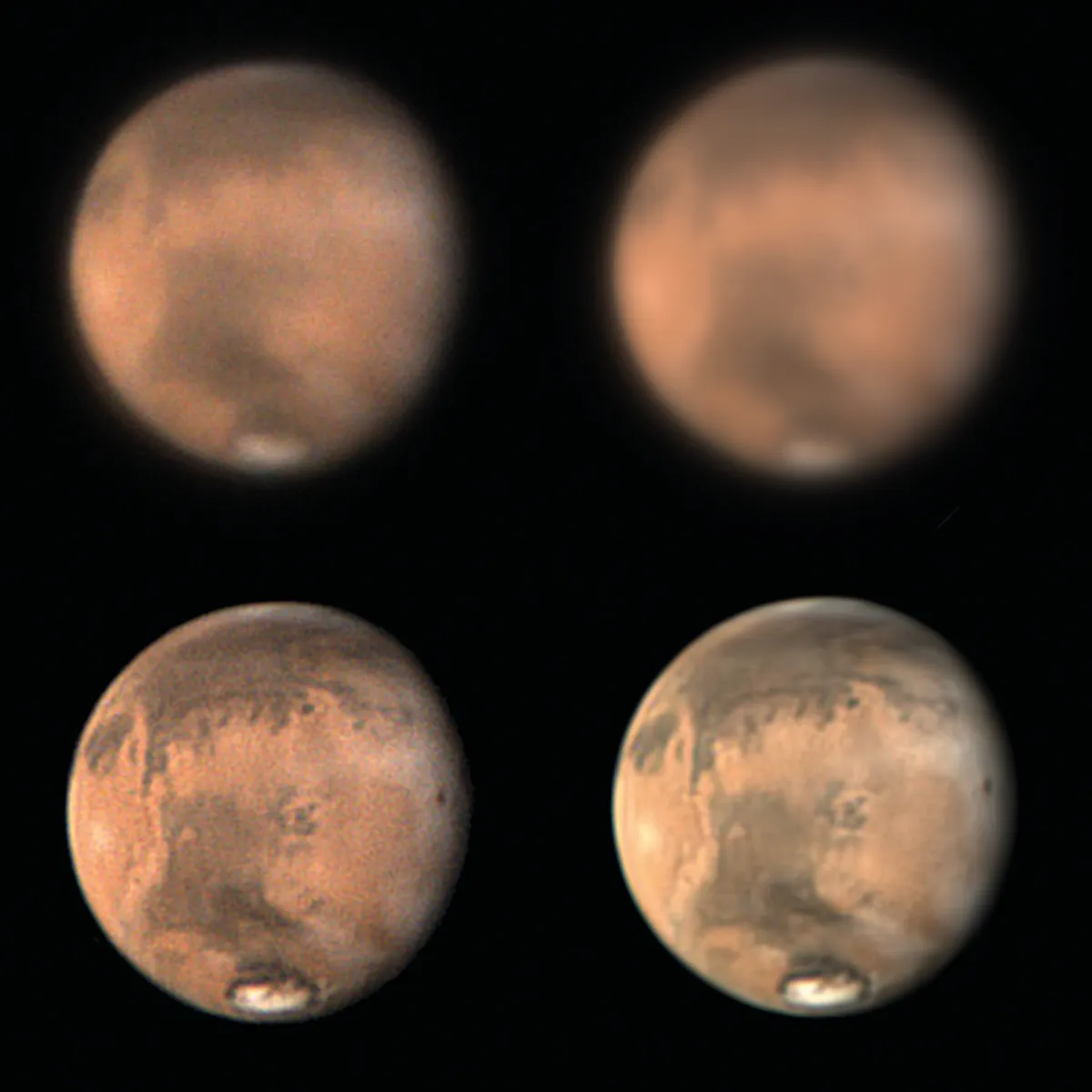 Top left: The best single frame from a video taken of Mars. A lot of noise is apparent Top right: An aligned stack of the best 1,000 video frames of Mars. Noise has been minimised and atmospheric movement averaged out Bottom left: Aligned stack has been processed to bring out details, but this has brought the noise out Bottom right: Several stacks have been combined in WinJUPOS and noise reduction has been applied. Credit: Martin Lewis
