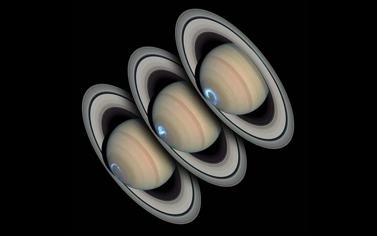 Images of Saturn's polar aurora captured by the Hubble Space Telescope on 24, 26 and 28 January 2005. Credit: NASA/Hubble/Z. Levay and J. Clarke