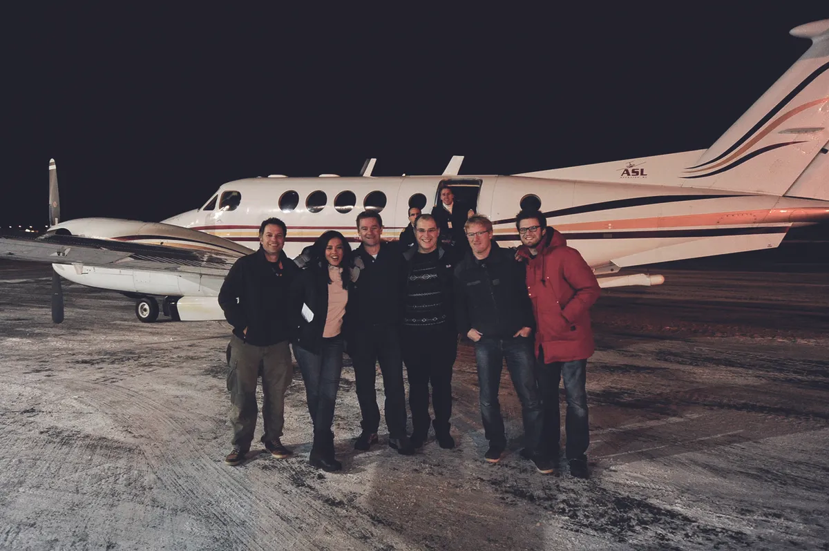 Liz with the Stargazing LIVE team in 2014 just before boarding the plane to go aurora hunting. Credit: Liz Bonnin